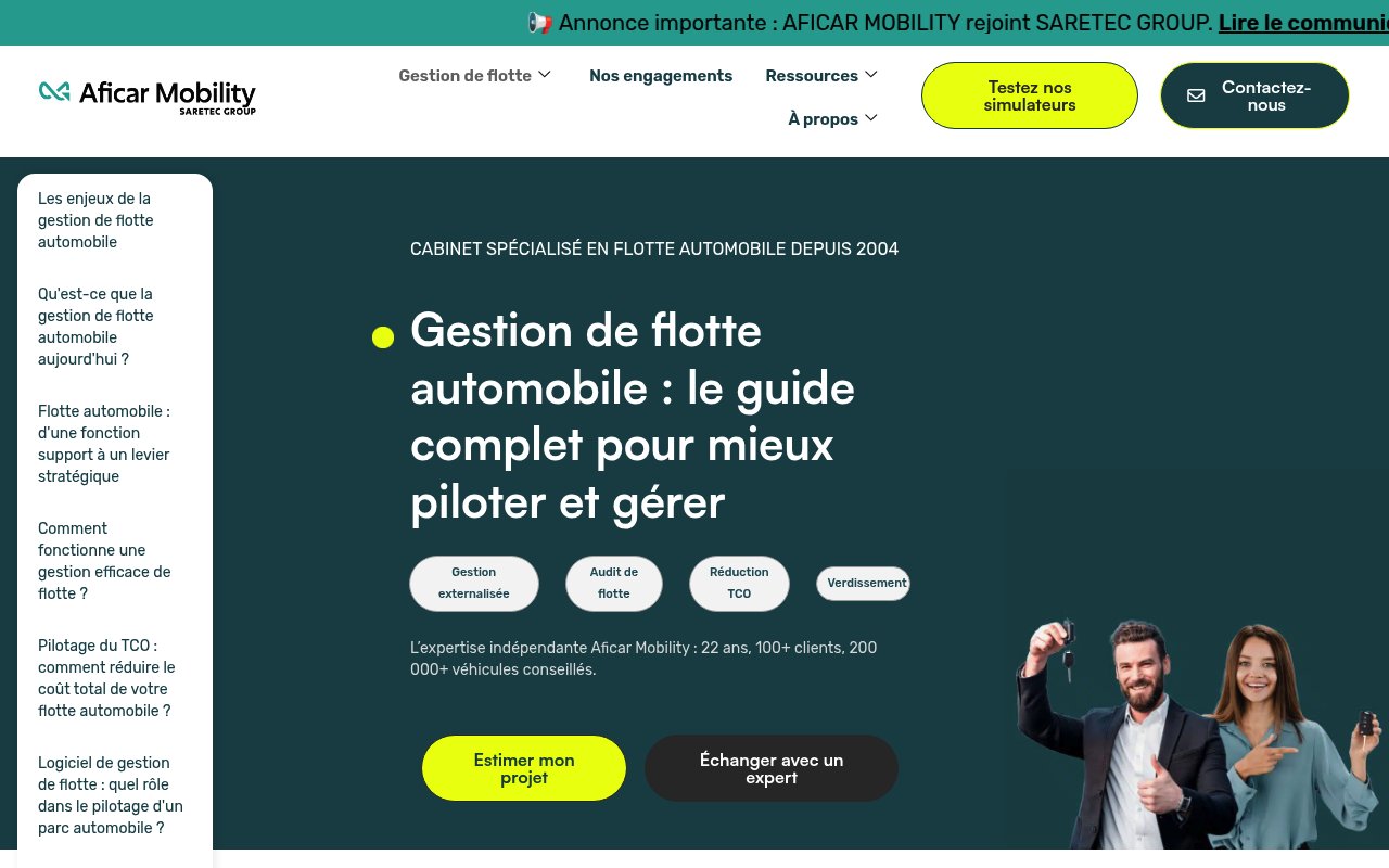 Capture du site Aficar Mobility présentant son offre de gestion de flotte automobile