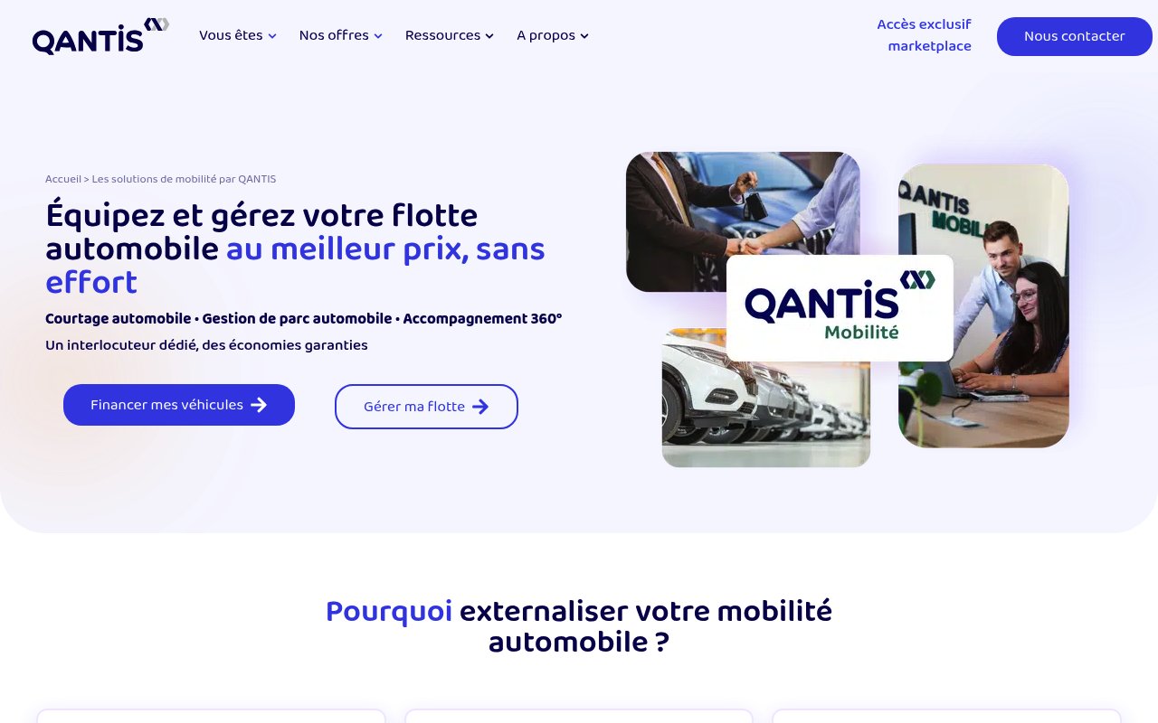 Capture du site Qantis présentant son offre de gestion de flotte automobile