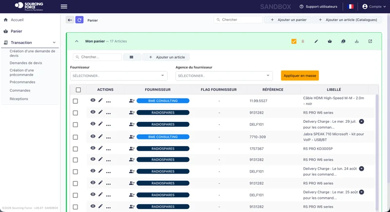 Panier : regroupement d’articles de plusieurs fournisseurs